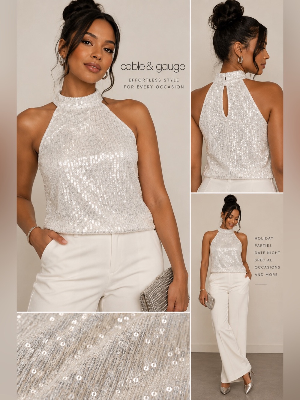 Cable & Gauge White Silver Sequin Halter Top Size M NWT Party Holiday
